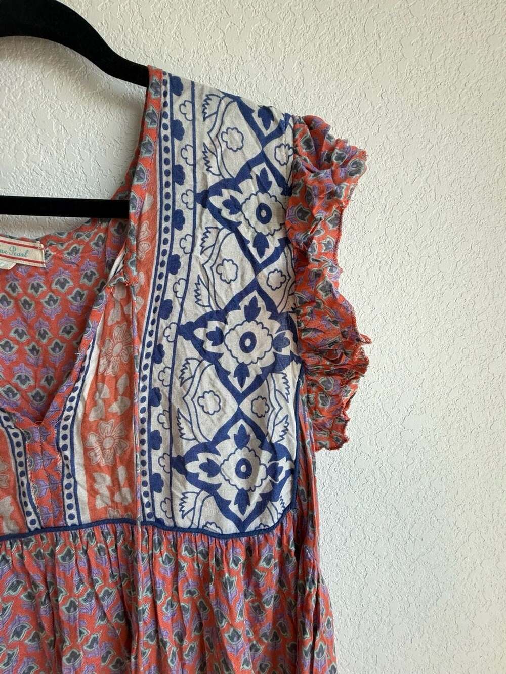 Blue Pearl Boho Printed Maxi Dress with Tassels and Ruffle Sleeves High Low - Picture 2 of 6